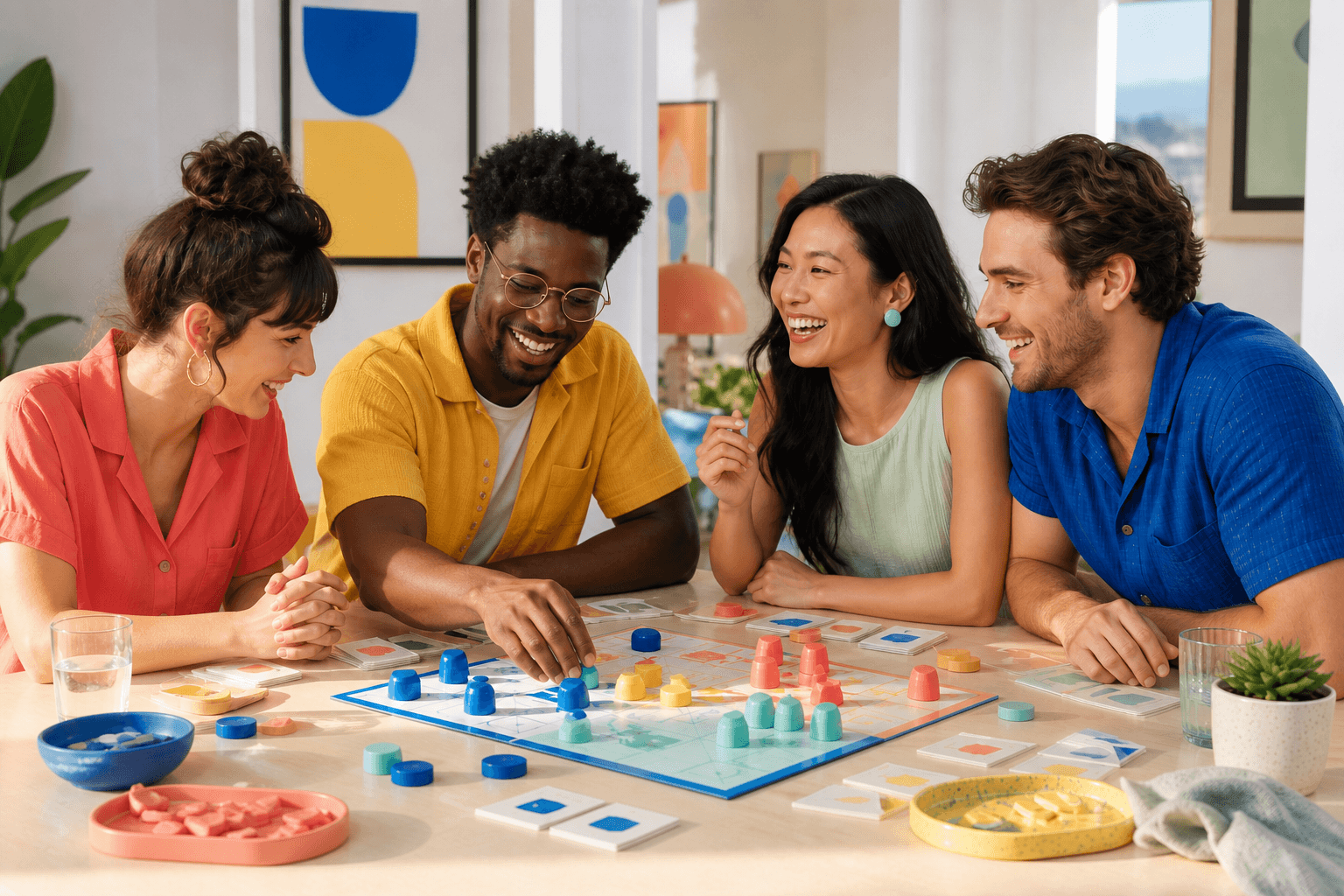 Friends gathered around a colourful tabletop game